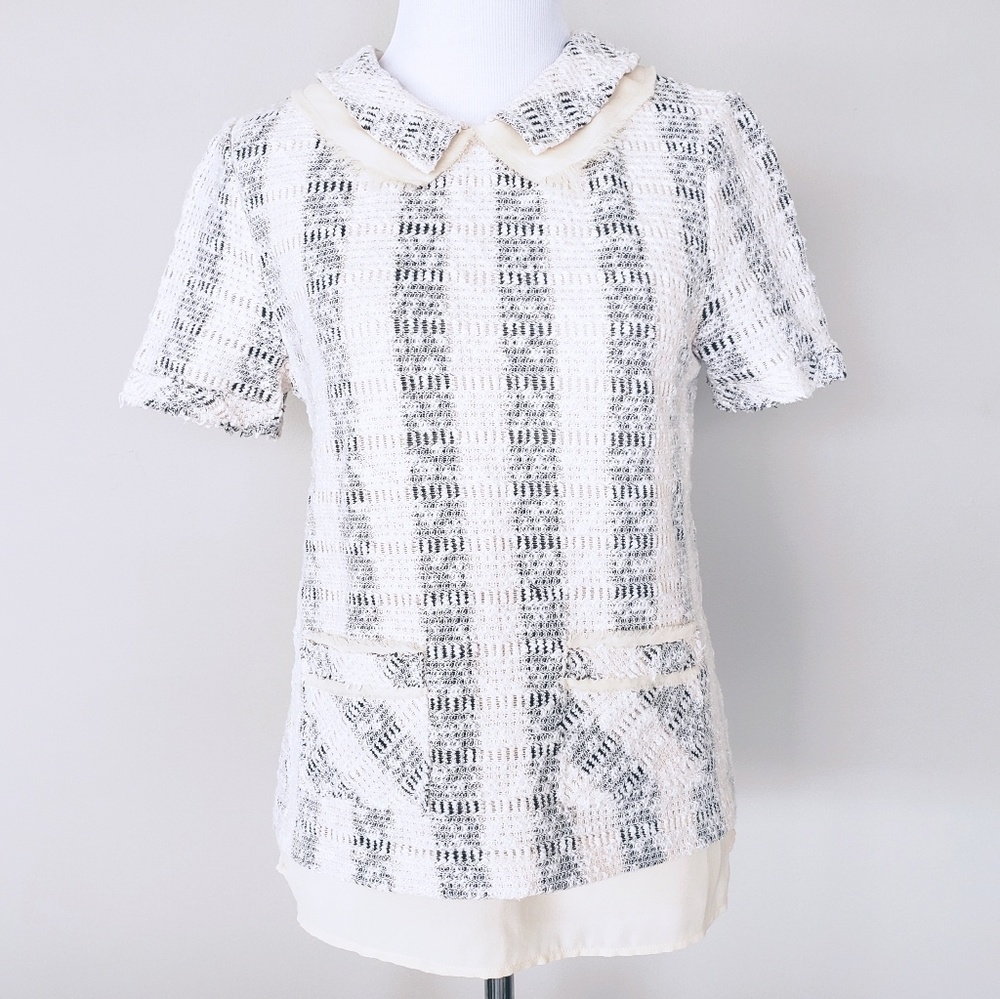 Anthropologie Cream and Black Tweed Short-Sleeve Top with Peter Pan Collar